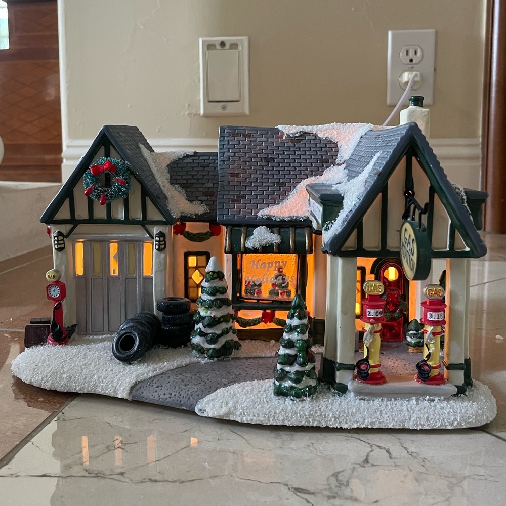 St. Nicholas Square Gas Station illuminated Christmas village collectible